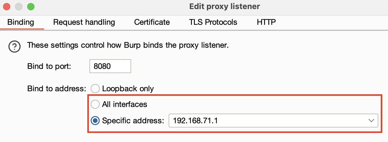 Burp Proxy listener configuration