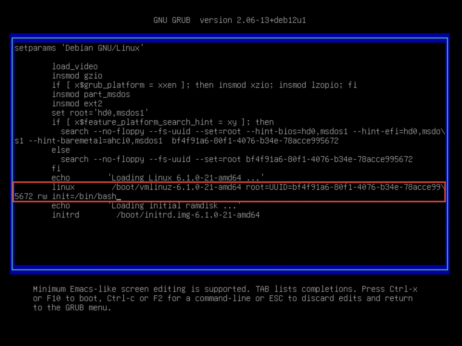 Grub configuration edited to boot on bash